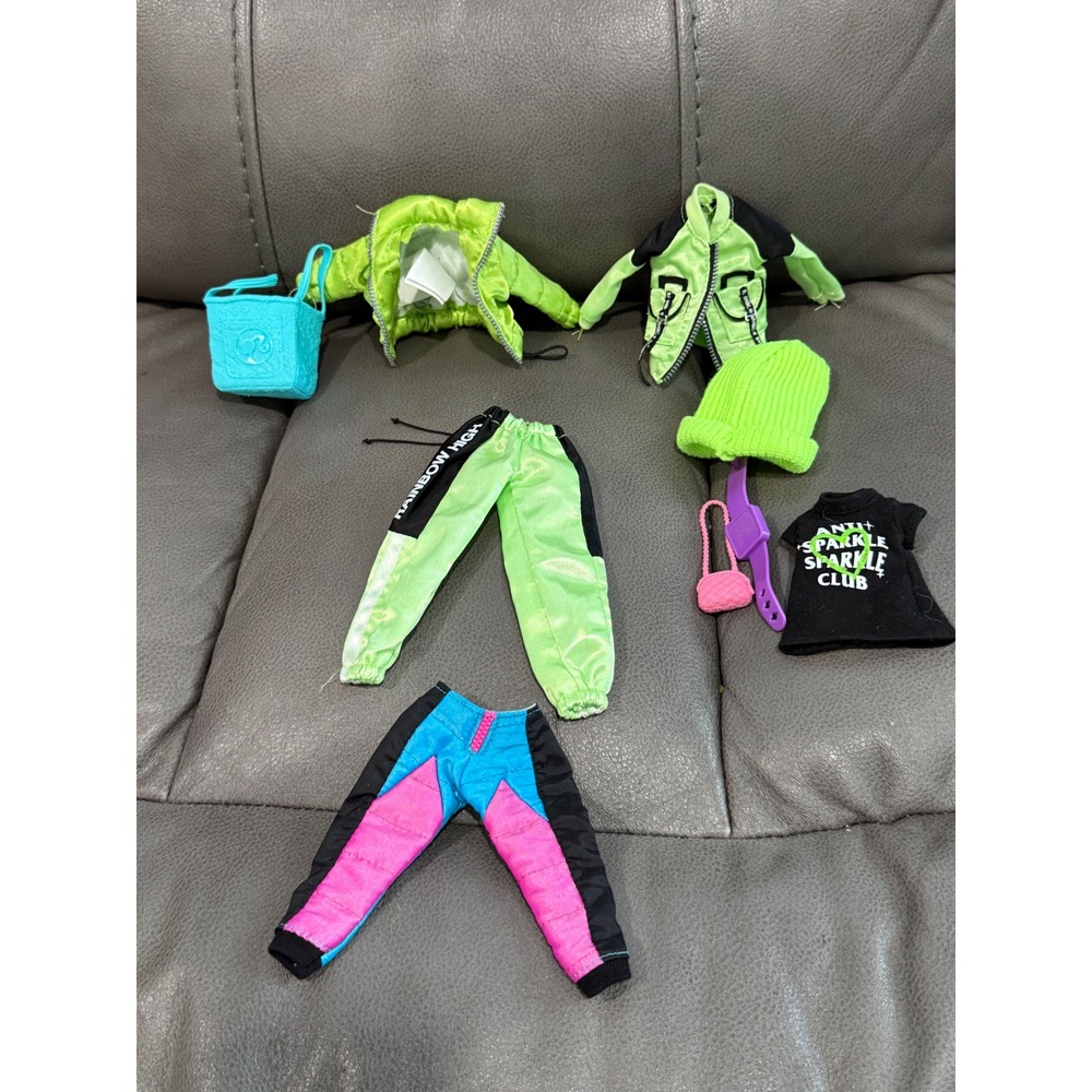 Rainbow High Barbie Doll Clothes Lot Neon Green Jacket Joggers Accessories 9pc